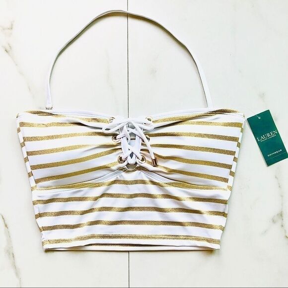 NWT Lauren Ralph Lauren Gold Stripe Tie Top - Picture 6 of 8